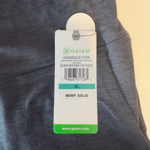 NWT Gaiam Om High Rise Porkchop Cuffed Leggings Size XL Drawstring Black Heather - Picture 9 of 11